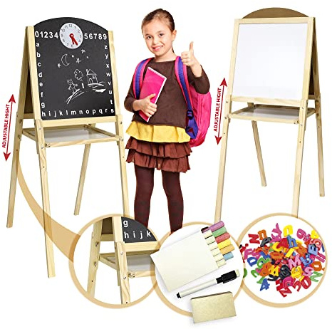Leomark Tableau en bois double face - XL - Double Face Blanche Magnétique + Ardoise Craie pour enfants, Chevalet avec Accessoires, Jeux Educatif, réglage de la hauteur+ Pendentif réfléchissant