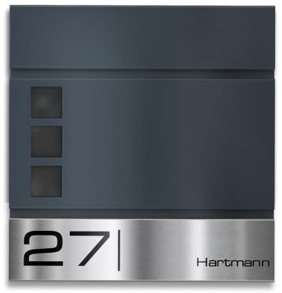 Metzler Briefkasten Anthrazit RAL 7016 Stahl mit Sichtfenster - Edelstahl Laser Gravur Namensschild - inkl. Zeitungsfach - Postkasten mit Fenster - Oltmann