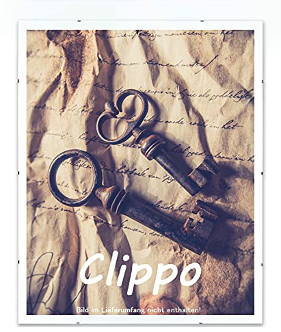 Clippo Deluxe Rahmenloser Bilderrahmen 60x90 cm Bildhalter im Sonderformat mit weißem Hintergrund und Antireflex Kunstglas