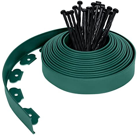 Froadp Bordature da Giardino Flessibile per Prato, Palizzate del Bordo del Letto in Plastica, Curve del Bordi con le Ancore del Terreno, Recinzione Bordatura con Chiodi di Fissaggio (20m, Verde)