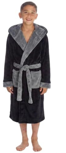 Slumber Hut® Luxury Boys Fleece Hooded Dressing Gown Warm Shaggy Snuggle or Flannel Fabric Childrens Robe - Navy Blue Grey - Size 7 8 9 10 11 12 13 Years