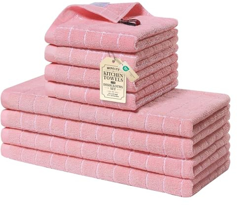 Homaxy Kitchen Towels and Dishcloths Set, Set of 8, Pink | Bulk Cotton Terry Kitchen Towels, Checkered Designed, Soft and Super Absorbent Dish Towels, 12 x 12 and 13 x 28 Inches