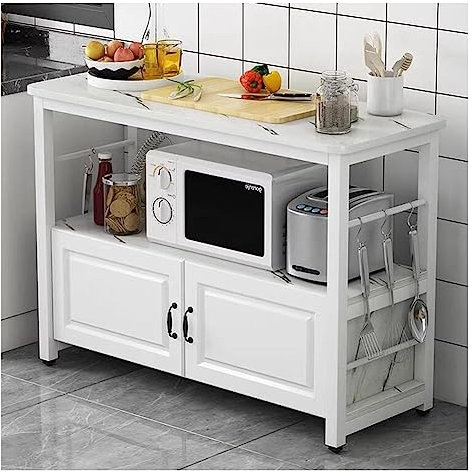 Îlot De Cuisine avec Grand Comptoir, Plaque De Cuisson Micro - Ondes Porte - Pain De Cuisine Industrielle Table Café Bar avec Casier Et 3 Crochets (Couleur : White, Taille : 80x35x80cm)