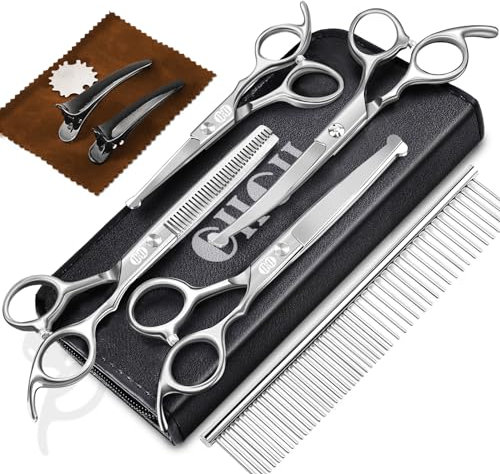 CIICII Hundeschere, 10-In-1 Profi Fellschere Hunde Set mit Runder Sicherheitsspitze (Katzen Hundepflege Effilierschere & Gebogene & Gerade Haarschere) für Fellpflege Hund Katze Haustier (Silber)