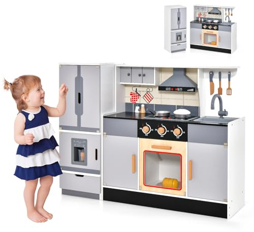 GOPLUS Cuisine Enfant en Bois, Jeu de Cuisine Réaliste 2 Pièces avec Sons et Lumières, Réfrigérateur Amovible, Machine à Glaçons, Ustensiles de Cuisine, Cuisinière pour Enfants 3+ Ans