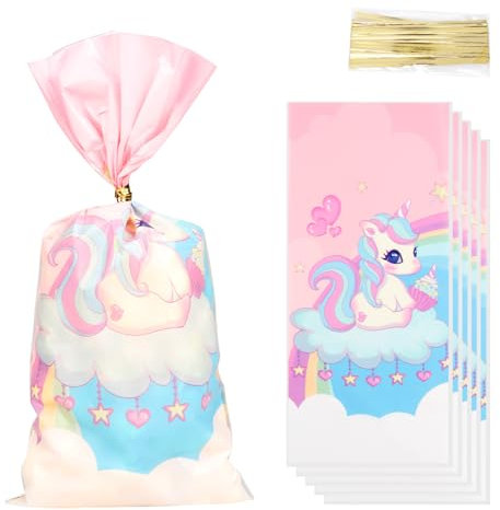 mciskin Personalisierte Einhorn-Geschenkpapier, Zellophantüten für Einhorn-Mottoparty – kleine leere Taschen mit Bindebändern für Geburtstag, Hochzeit oder Party-Dekorationen