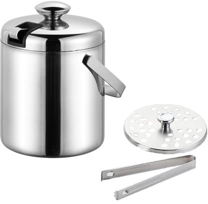 Eiskübel aus Edelstahl mit Deckel, Sieb und Eiszange, doppelschichtiger Isolier-Eiskübel für Zuhause, Camping, Party, Bar(2 Liter)