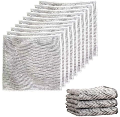 10 PCS Double Layer Wire Dishwashing Cloth Rag Non-Scratch Multipurpose Durable Wire Dishcloth for Wet and Dry Two Layer Reusable Steel Wire Cleaning Cloths Towel for Kitchen Dish Sink Stove Top