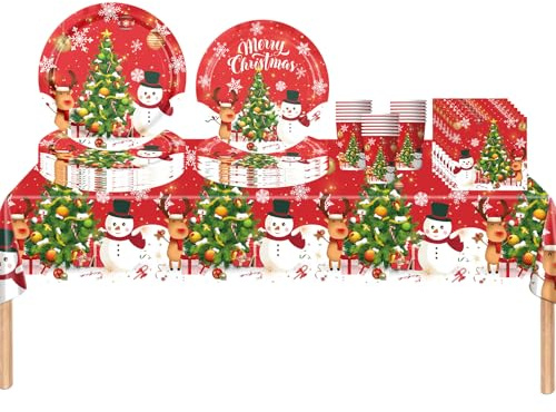 69Pcs Christmas Party Tableware Decorations Set,Red Christmas Snowman Reindeer Tree Tableware Party Table Cloth,7inch Paper Plates,Paper Napkins,Cups,9inch Plates for Xmas Picnic,Xmas party Supplier