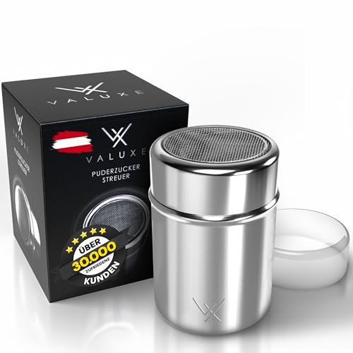 VALUXE® Puderzuckerstreuer - Edelstahl Kakaostreuer mit feinem Sieb & Deckel - Puderzucker Pulver Streuer für präzises Bestäuben - Zuckerstreuer, Mehlstreuer spülmaschinengeeignet
