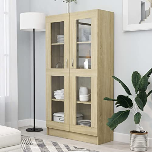 Vitrinenschrank im modernen Stil in Sonoma-Eichen-Finish, 82,5 x 30,5 x 150 cm, robuste Holzkonstruktion, ideal für Haus und Garten