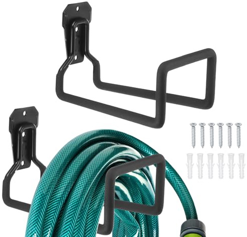 M METERXITY 2-Pack Garden Hose Holder Wall Mount, Metal Water Pipe Hanger Reel W 6 Screws for Outside Yard/Garage, Water Hoses Storage Expandable Tube Rack Hooks [Black]