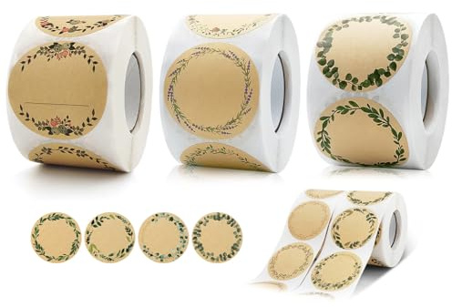 Anlising 1500 Stück Kraftpapier Aufkleber, 5CM Geschenkaufkleber, Etiketten Selbstklebend, Marmeladen Etiketten, Blumen Klebeetiketten, Rund Geschenksticker, für Marmeladen, Backen, Geschenk, Umschlag