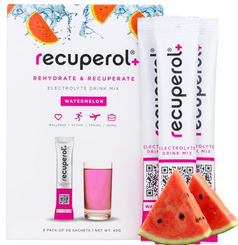 Recuperol Electrolytes Sachets - Rehydration Electrolytes Powder with Zinc, Vitamin C, B12, D3 & Potassium for Hydration - Sugar Free, Vegan & Low Calorie - Watermelon 8 Pack