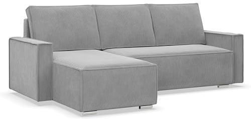 Mebligo - Ecksofa mit Schlaffunktion und Bettkasten NOTO, Cord Sofa L Form 231 cm Breit, Eckcouch Cord mit Schlaffunktion, Bonellfederkern, Universal Sofa Grau