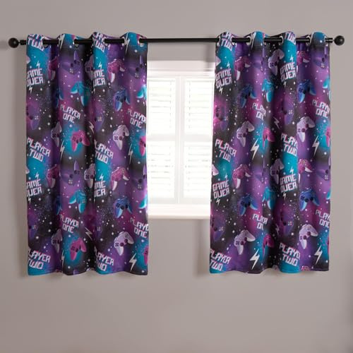 OHS Kids Blackout Curtains Eyelet, Vibrant Neon Gaming Print Short Blackout Window Curtain for Boys Bedroom & Playrooms Thermal Insulated Curtains 2 Panel, 66x54In