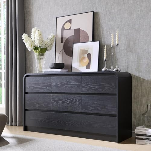 Aitjunz Modern 8 Drawers Dresser for Bedroom, 55 Wide Dressers & Chest of Drawers w/Curved Profile Design, Wood Mid Century Storage Dressers Organizer for Bedroom, Living Room, Black
