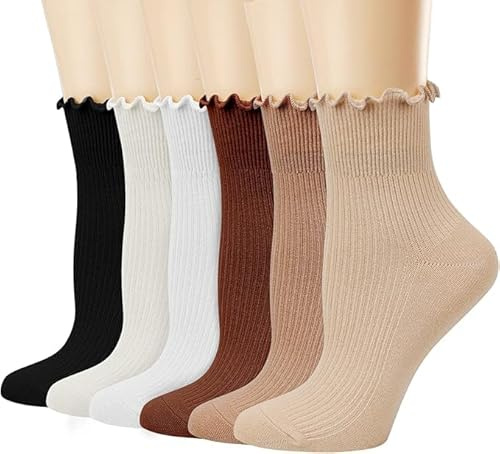 BROPAPA Damstrumpor, volang turn-manschett casual ankel andningsbar cool stickad bomullssallad besättning luftig strumpa 6-pack, 6 färger (svart, vit, beige, rödbrun, mörk kaki, ljus kaki), 37-42 EU