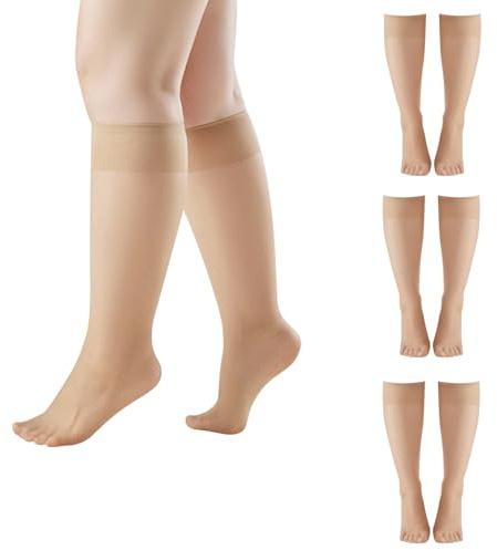DIPZO Calcetines Altos Rodilla Mujer 4 Pares Tallas Grandes, Color Natural Transparente Ajuste Ancho, Medias Deportivas Mujer