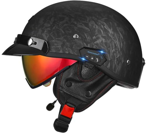 Retro Bluetooth Motorrad Halbhelme Motorradhelm für Herren und Damen DOTECE-Zertifizierung Jethelm Mit Visier Halbschalenhelm Braincap für Bike Cruiser Moped Scooter Halbhelme