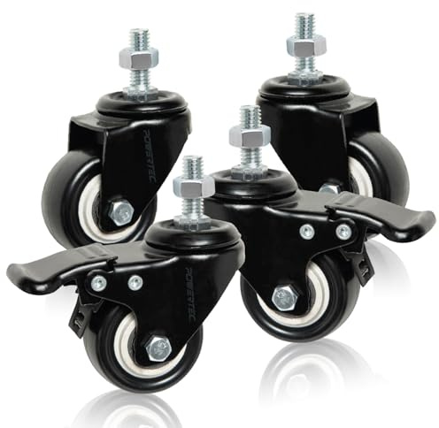 POWERTEC 2 Inch Caster Wheels Set of 4, 3/8-16 x 1 Stem Casters - 2 Casters W/Dual Locking Break - Heavy Duty 350 lbs, 360° Swivel, PU Castor Wheels for Furniture, Carts, Trolleys, Toolboxes (17220)