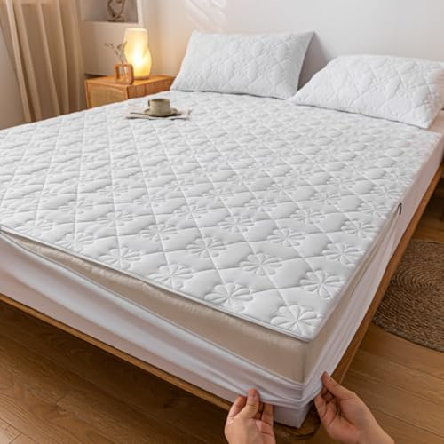 Morbuy Coprimaterasso Singolo Matrimoniale Impermeabile, Coprimaterasso Una Piazza e Mezza Antiacaro con Cerniera Morbida e Traspirante per Materassi Altezza 25cm (120 * 200+25cm,Bianco)