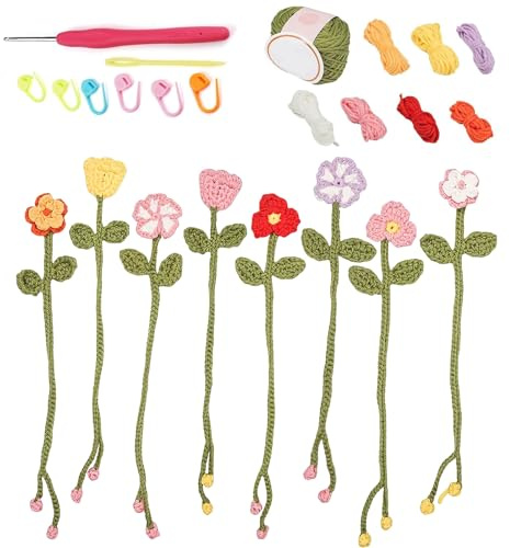 GWAWG Blumen Lesezeichen Häkelsets für Anfänger Erwachsene - DIY Bastelset mit Garn, Haken & Tutorials, Kunst Strickset Kinder Frauen Teenager, Geschenke für Mädchen Geburtstag Heimdekoration Hobbys