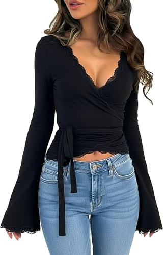 Coloquin Women Long Sleeve Lace Trim Wrap Top V Neck Tie Front Double Lined Bell Sleeve Going Out Tops Black M