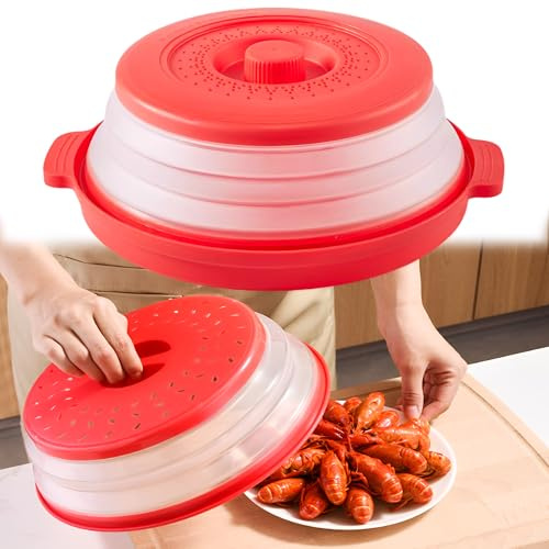 SQAQS Tapa Plegable del Microondas, Con Mango Fácil de Sostener, Mango de Agarre y Agujero de Gancho, Filtro de Cesta de Tapa de Microondas Multifuncional para Cocina de Frutas y Verduras (Rojo)