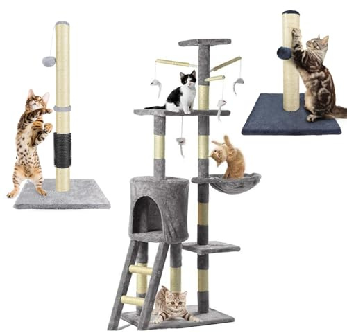 140cm Cat Tree Tower Scratching Posts Multilevel Cat Climbing House with Condos & Ladder Pet Activity Centre for for Indoor Cats Play and Rest, Dark Grey