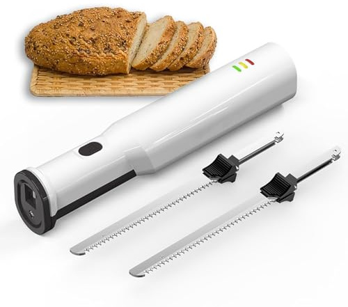 Cuchillo de pan eléctrico inalámbrico y recargable, cuchillo de trinchar eléctrico de 8 V, con dos cuchillas de acero inoxidable y cierre de seguridad, para trinchar carnes, pavo, pan y fruta