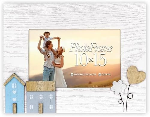 Generico Marco de fotos de madera para fotos de 10 x 15 cm, horizontal con casitas, corazón y flor en relieve, ideal como regalo para inauguración de casa y novios