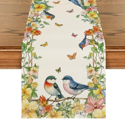 Artoid Mode Vögelchen Schmetterling Blumen Frühling Tischläufer, Saisonnal Küche Tisch Dekoration Drinnen Urlaub Party Dekor 40x180 cm