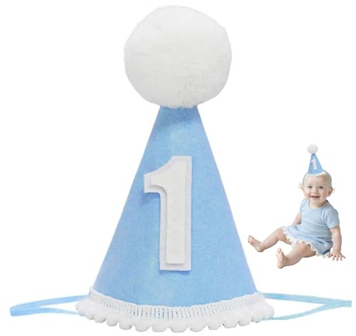 Vyqrx 1 Geburtstag Hut für Baby Mädchen Jungen - Blau Filz Geburtstagskrone mit Bommel, weicher, verstellbarer Partyhut für 1 Jahr alte Feier, Cake Smash, Foto-Requisiten (Blau)