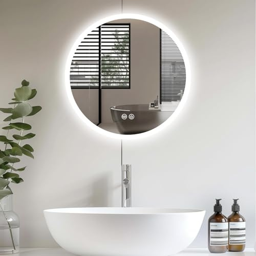 Trintion LED Spiegel Bad mit Beleuchtung 50cm Rund - Dimmbar mit 3 Lichtfarben (3500K-6500K), Touch-Schalter, Beschlagfrei - Badezimmerspiegel mit Licht für Make-up & Rasur