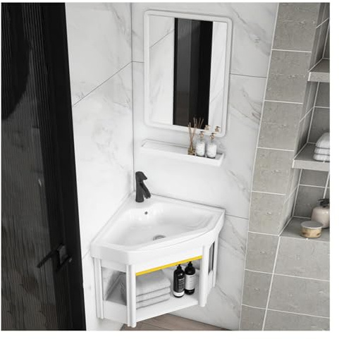 Lavabo da parete combinato con lavello in ceramica e rubinetto, soluzione salvaspazio per piccoli bagni e cucine