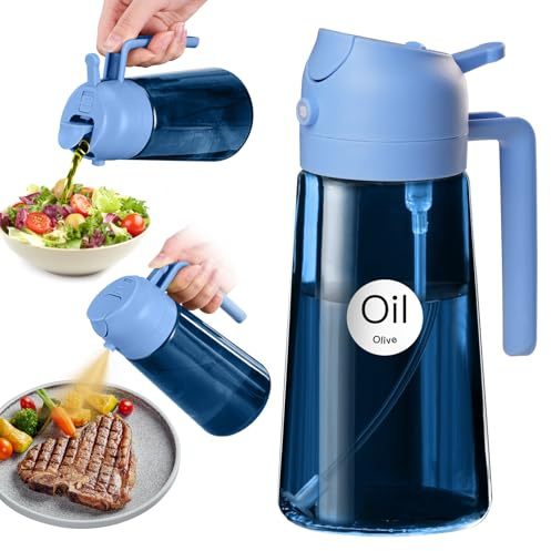 YARRAMATE Pulverizador Aceite 470 ml 2 en 1 con Protección UV | Botella cristal azul 470 ml. Bloqueo luz y UV. 2 en 1. Para cocina y freidora de aire. Azul cielo.