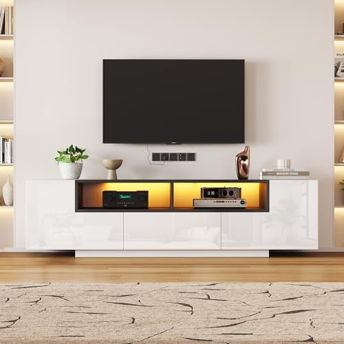 Yihomfy Meuble TV 180 x 40 x 48 cm, Meuble Bas avec éclairage LED, Meuble TV d'angle avec tiroirs, Meuble de Salon, Blanc Brillant, Compatible avec Les téléviseurs jusqu'à 75 Pouces, Blanc