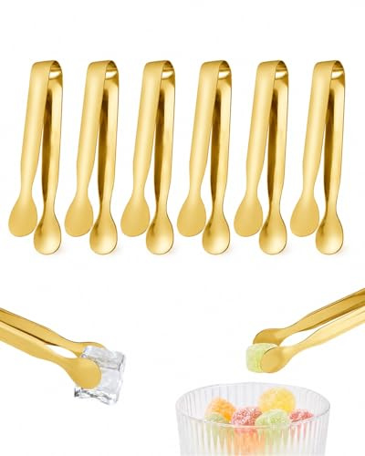 RAVNIX Pinzas Hielo Dulces, Pack 6 Doradas Acero Inoxidable Pequeñas Profesionales para Candy Bar, Buffet, Cócteles y Aperitivos – Versátiles y Duraderas