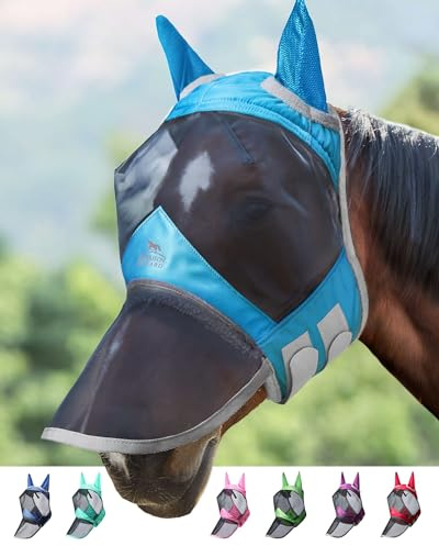 Harrison Howard CareMaster Pro Luminous Horse Fly Mask Large Eye Space Long Nose with Ears UV Protection for Horse Dresden Blau Pony (S)