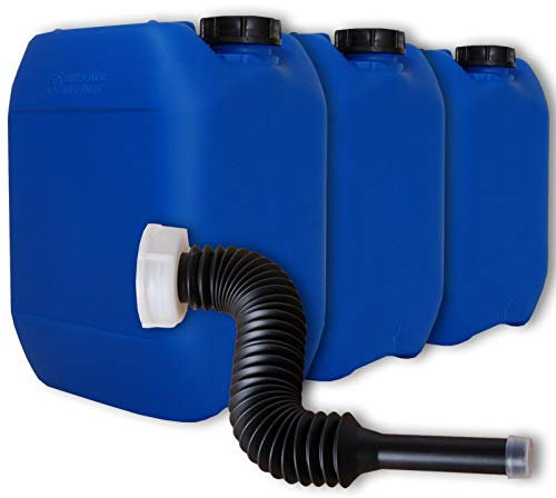 Lote de 3 bidones de polietileno/Jerrycan 10 L Azul DIN 51 + 1 Largo pico vertedor Flexible calidad alimentaria (22041x3+22036)