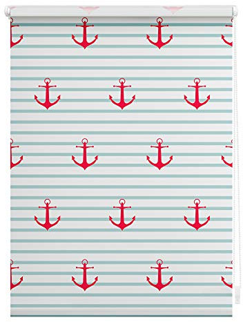Lichtblick Klemmfix Verdunklungs-Rollo mit Motiv, ohne Bohren, Blickdicht, Seitenzugrollo, Made in Germany, Anker gestreift - Türkis Rot 70 cm x 150 cm (B x L)