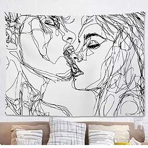 Jorisa Kuss Tapisserie Wandteppich, Paar Küssen Abstrakte Skizze, Kunst Hintergrund, Stoff Schwarz Weiß, Wohnzimmer, Schlafzimmer, Wohnheim, 150x200cm