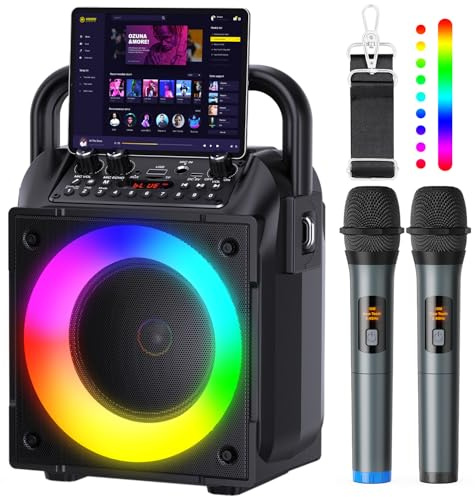 Karaoke Machine with Two Wireless Microphones, Adults&Kids Portable Karaoke Machine, Bluetooth Speaker with PA System, LED Lights, Supports TF Card/USB, AUX in, FM, USB,TWS, REC for Party, Gift(Black)