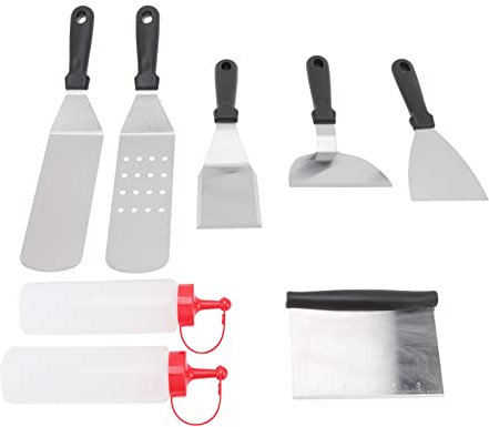 Jenngaoo Griddle Zubehör Set, Edelstahl Grillspatel Set 6 Pfannenwender und 2 Quetschflaschen für Grillen im Freien, Teppanyaki und Camping