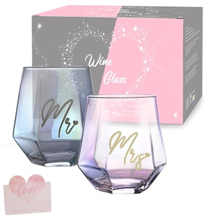 Mr and Mrs Couple Glasses,Wine Glass Mugs Set,Wedding Mugs for Bride and Groom,Wine Glasses Gifts for Couple Anniversary,Gifts for women,Bridal Shower,Engagement,His & Hers,Christmas Valentines Day
