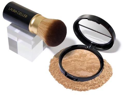 LAURA GELLER NEW YORK Get Glowing Kit (2pc): Baked Balance-n-Glow Illuminating Powder Foundation, Golden Medium + Airbrush Kabuki Makeup Brush