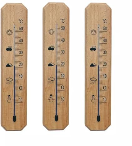 MIKONI 3-er Set analog Zimmerthermometer Außen Innen Thermometer Holz Holzthermometer MD9