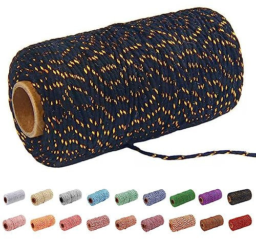 Cuerda fina de algodón de 2 mm, cuerda fina de algodón de 10 capas, para manualidades, envoltura, agrupación, embalaje, jardinería, decoración de Navidad (negro y dorado)