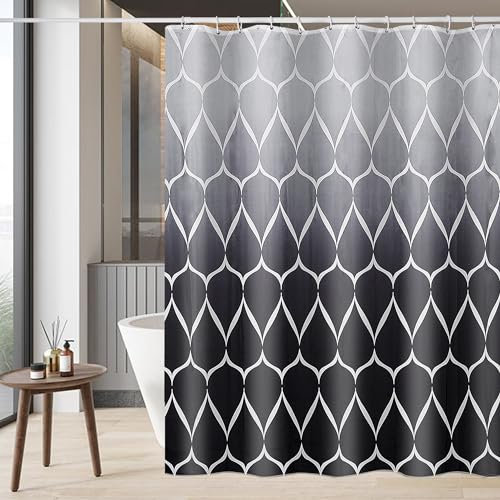 GERUIKE Anti-Schimmel Duschvorhang 180x180 mit Gewicht Unten | Wasserdicht & Waschbar Polyester-Stoff (130 GSM) mit 12 Ringen, Grau-Schwarz Ombre Wellenmuster Shower Curtain